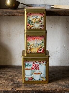 Red Rose 100th Anniversary, Lipton & Oxo Vintage Gold Tin Set. Collectible. Gift